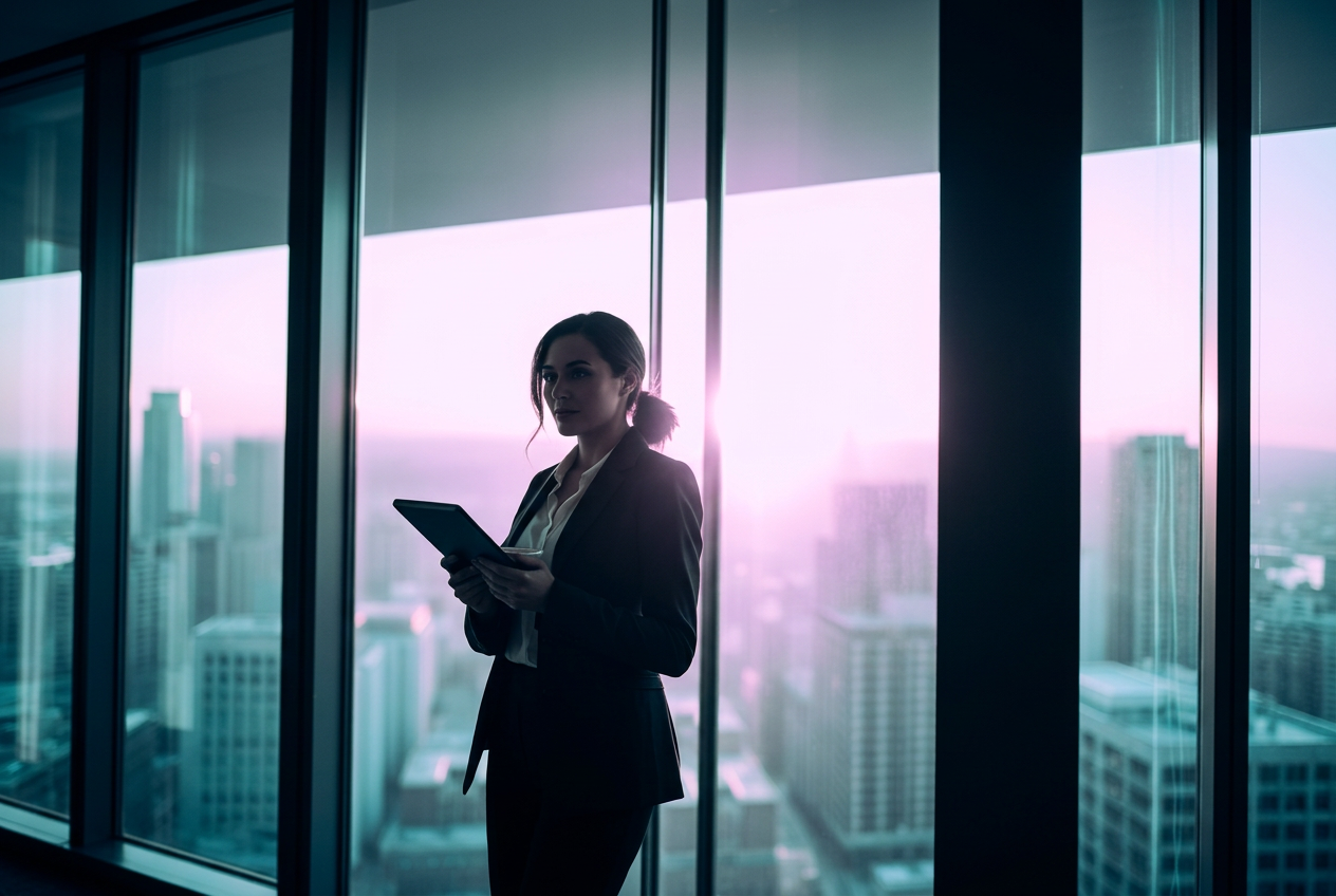 Trust company professional reviewing data on a tablet at sunset
