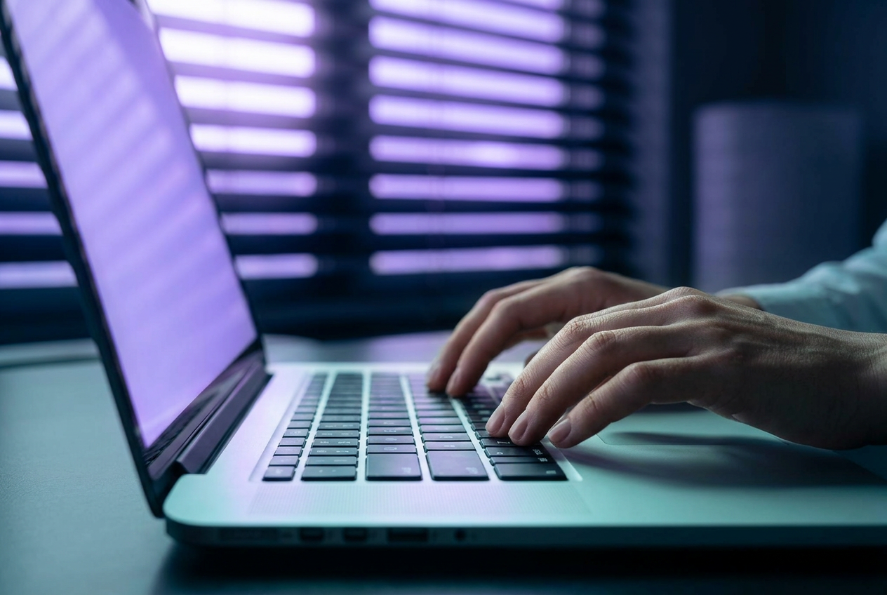 Hands typing on a laptop in warm sunlight