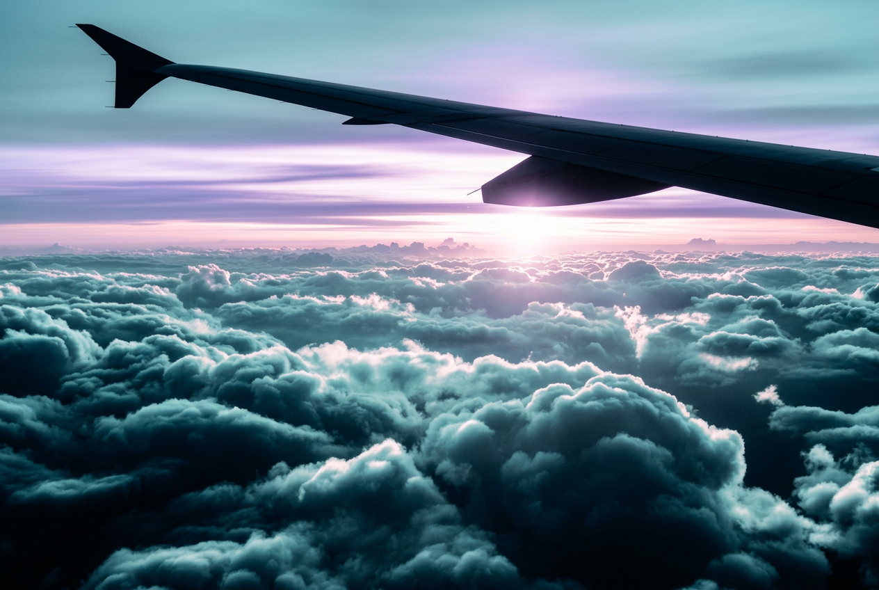 Aerial view from an aircraft above the clouds at sunset, color-graded with Optifi's purple and teal palette